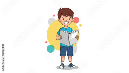 Joyful cartoon boy, wearing a blue t-shirt and shorts, happily engrossed in reading a book, symbolizing education, learning, and childhood development.