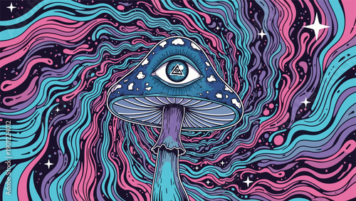 Vibrant psychedelic illustration of a magic mushroom with an all-seeing eye, set against a swirling, cosmic background of vivid colors.