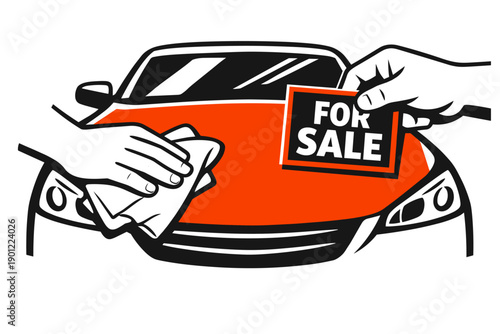 Car for sale graphic with hands cleaning hood holding for sale sign