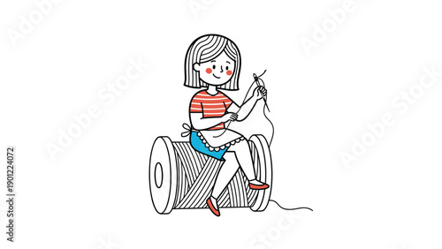 Creative cartoon girl with short hair, delicately sitting on a giant spool of thread, actively sewing with a needle, symbolizing handicrafts and design.