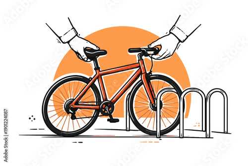 Hands securing orange bicycle to rack with locking mechanism