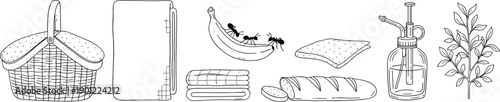 Basket, notebook, bread, ants, spray bottle, and leaves in a line woven basket lined notebook
