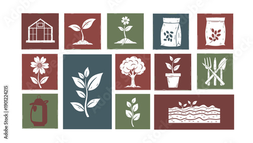 Collection of vintage-style gardening and farming icons featuring various plants, tools, and agricultural elements on colored blocks, illustrating a rustic theme.