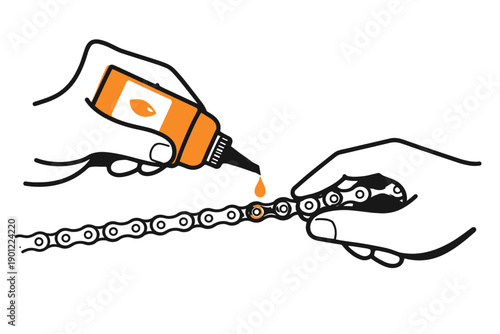 Illustration of hands oiling bicycle chain for maintenance and lubrication