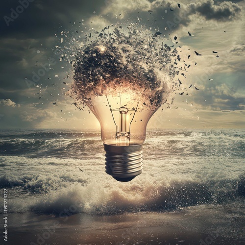 An innovative glass lightbulb illuminates the sky and water, symbolizing a bright concept of energy and creative inspiration through isolated electric technology