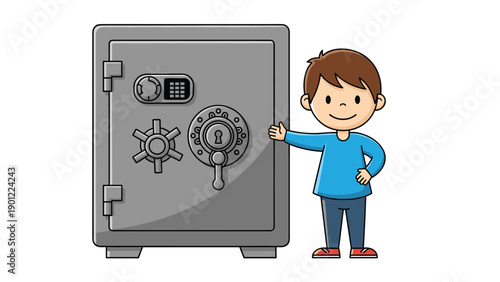 Happy young boy with brown hair standing next to a large, grey metal safe, featuring a combination lock and a key, confidently pointing towards it.