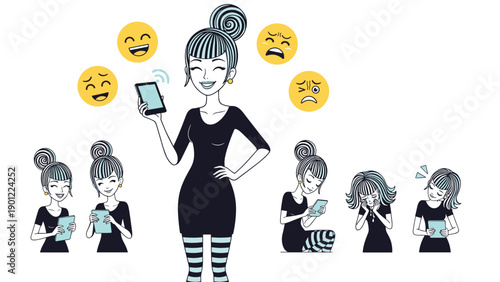 Happy woman engaging with her smartphone, surrounded by floating emojis representing diverse feelings, with smaller illustrations showing various emotions from tablet usage.