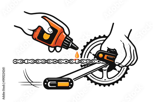 Hands lubricating bicycle chain with oil drop for maintenance