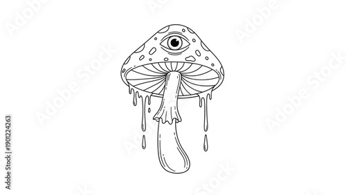 Black and white line art illustration of a trippy, melting magic mushroom with a single eye on its cap, in a psychedelic style.