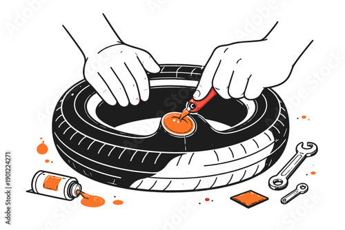 Illustration of tire repair process with hands applying patch and tools