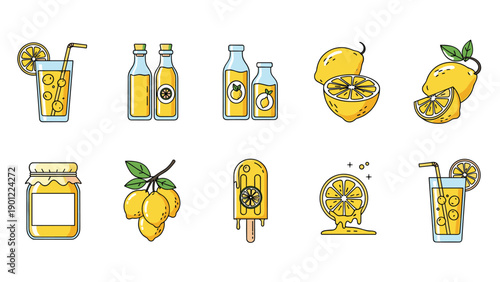 Assortment of fresh lemon-themed food and beverage items, including refreshing lemonade, juice bottles, sweet jam, delicious ice pops, and sliced fruits.