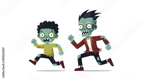 Two cartoon zombies, an adult and a child, with green skin and tattered clothes, running forward with hungry expressions, perfect for Halloween themes.