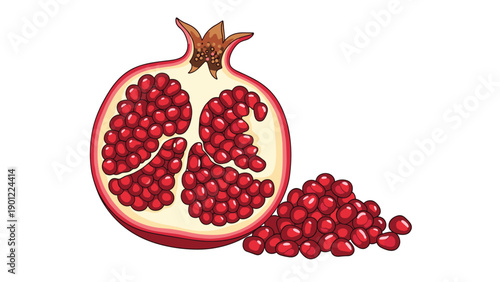 A realistic illustration of a ripe red pomegranate cut in half, revealing its vibrant ruby-red seeds, with a small pile of seeds beside it.