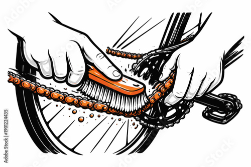 Hands cleaning bicycle chain with brush - maintenance illustration
