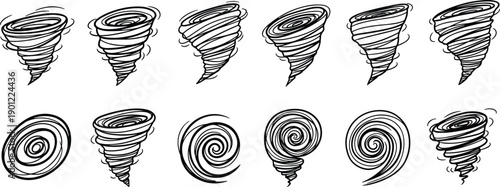Collection of swirling tornado in black and white spiral vortex