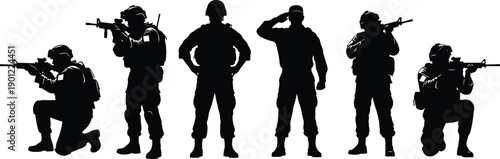 Military soldiers silhouette set, armed combat poses, tactical infantry team, black vector army illustrations for defense, security, games