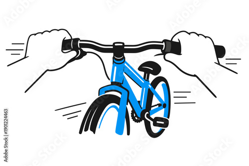 Hands drawing of person riding bicycle with blue accents and black lines