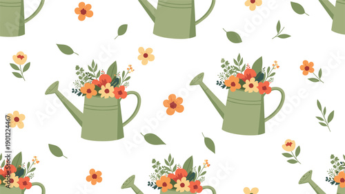 A charming seamless pattern featuring green watering cans filled with colorful flower bouquets on a clean white background for spring.