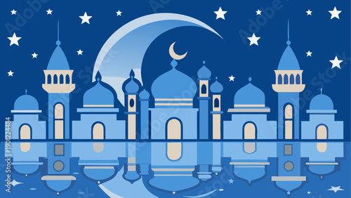 Mosque at Night: A serene illustration of a mosque bathed in the tranquil embrace of the night, mirroring its majestic silhouette in a pool of stillness.