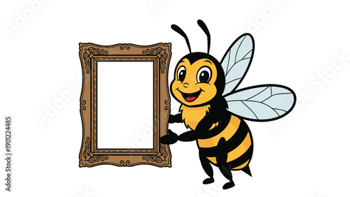 Cheerful cartoon bee with black and yellow stripes, big happy eyes, and transparent wings, proudly holding up an ornate, empty wooden picture frame.
