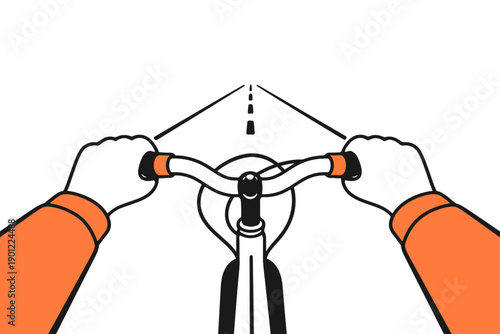 Hands gripping bicycle handlebars on open road — cycling perspective illustration