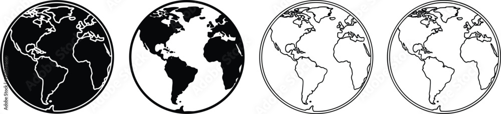Obraz premium Four globe with varying black and white color schemes outline continents