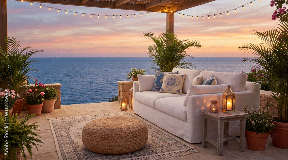 Fototapeta premium Idyllic Mediterranean Terrace Patio with White Sofa, Lanterns, and Ocean Sunset View - Photography