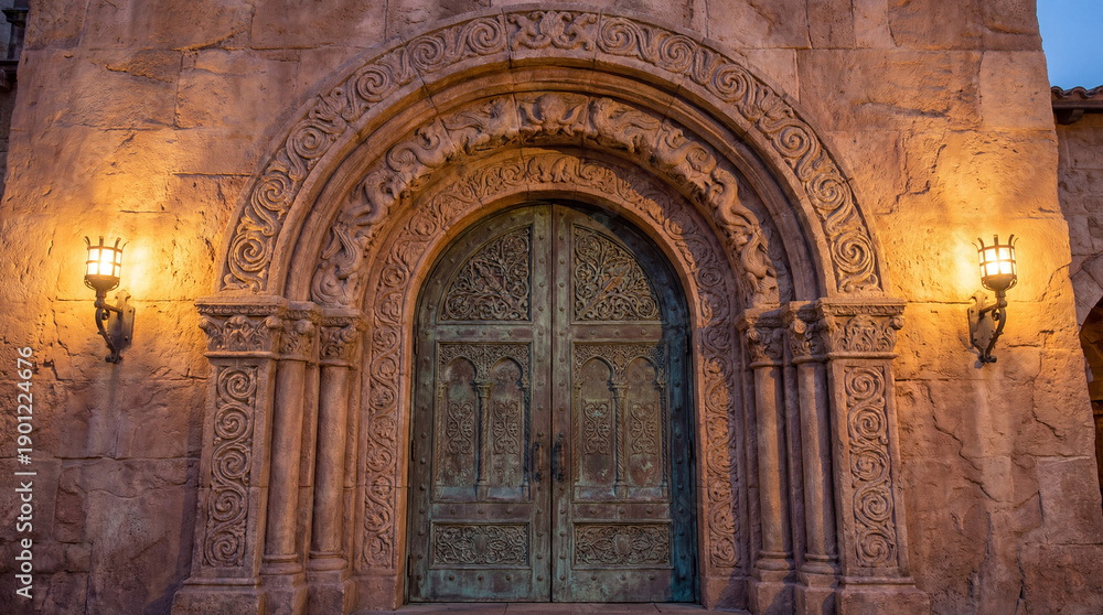 Obraz premium Intricate Ancient Stone Archway with Ornate Double Doors, Medieval Architecture Photography, Historic Entrance Facade with Warm Lighting