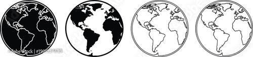 Four globe with varying black and white color schemes outline continents