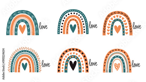 A collection of six hand-drawn boho style rainbows with hearts and the word 'love,' in earthy terracotta and teal colors.