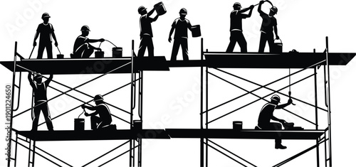 Group of construction workers on scaffolding in silhouette building