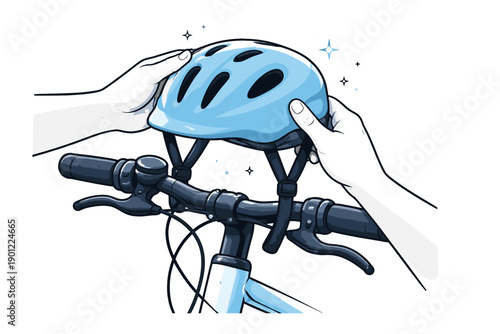 Adjusting blue bicycle helmet above handlebars with sparkles