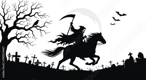 Grim reaper riding horse in graveyard with bats and moon skeleton cemetery