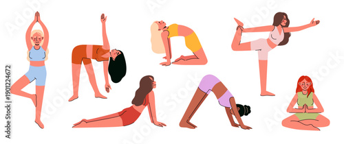 Set of women practicing yoga in different poses. Wellness, fitness, and mindfulness concept. Cartoon-style illustration.