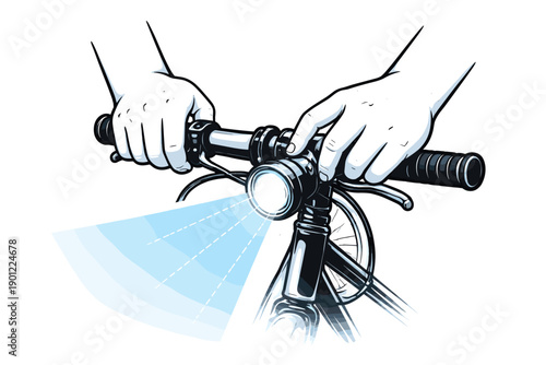 Hands adjusting bicycle headlight on handlebars for night safety
