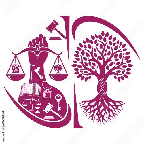 Symbolic illustration of justice and law with scales gavel and tree of life isolated on transparent background