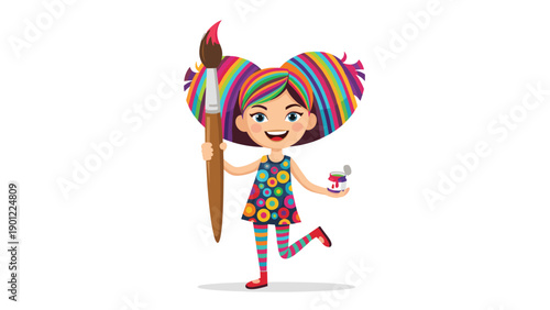 Cheerful cartoon girl with vibrant multi-colored striped hair and a polka-dot dress, happily holding a giant paintbrush and a small can of paint, symbolizing creativity.