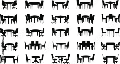 Set of black and white dining tables and chairs in various arrangements furniture