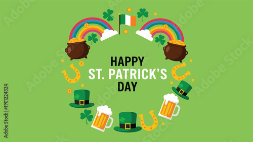 A festive St. Patrick's Day greeting card design with a circular frame of lucky symbols and text 'Happy St. Patrick's Day'.