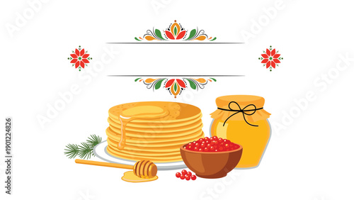 A delicious stack of pancakes drizzled with honey, served with red berries, next to a honey jar, with folk art floral borders.