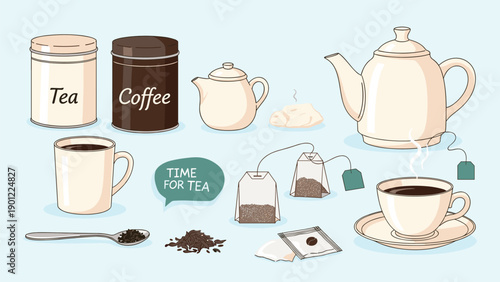 Extensive collection of tea and coffee themed items, featuring storage tins, elegant teapots, mugs, cups, tea bags, and loose leaves, for beverages enthusiasts.