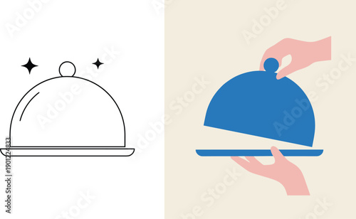 Restaurant cloche serving icons representing food service catering hospitality dining waiter tray vector illustration outline flat design
