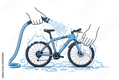 Hands washing bicycle with hose and bubbles - cleaning concept illustration