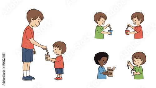 Series of cartoon illustrations depicting young boys engaged in various acts of charity, giving coins and donations to other children, emphasizing generosity and sharing.