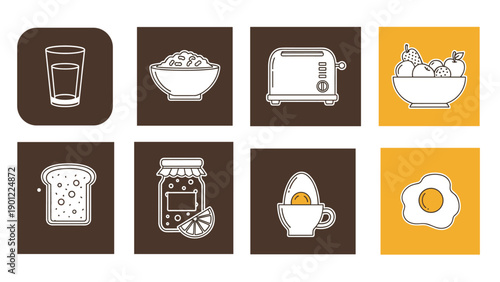 Appetizing grid of breakfast food and drink icons, featuring water, cereal, toaster, fruit, toast, jam, boiled egg, and fried egg, presented in a clean line art style.