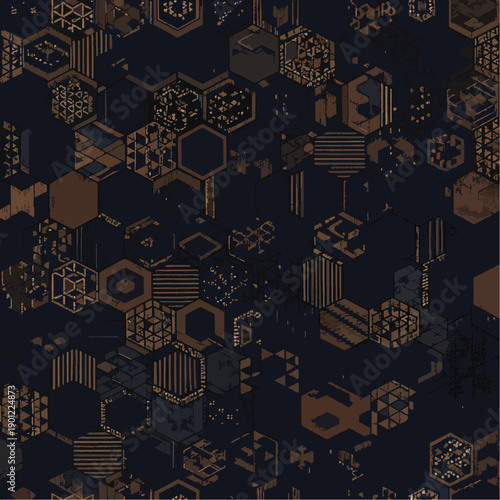 Abstract geometric pattern with honeycomb shapes in shades of brown and blue, modern design