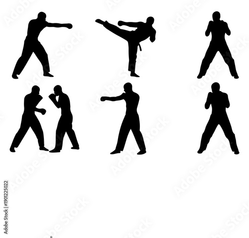 Set of six black silhouettes of people practicing martial arts kicks and punches