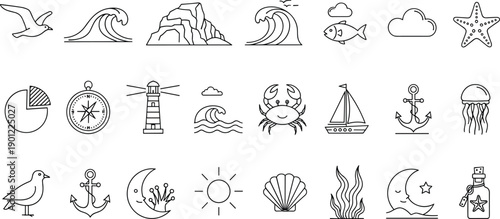 Set of black and white line featuring ocean, nature, and nautical line ocean bird