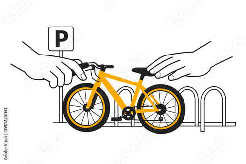 Illustration of bicycle parking with hands and yellow bike