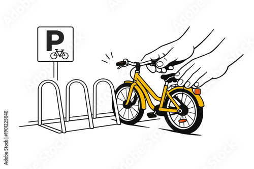 Hands parking yellow bicycle at rack in bike parking zone illustration